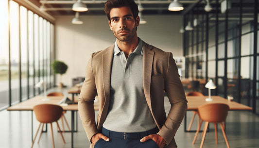 Heren polo gecombineerd met jeans en colbert