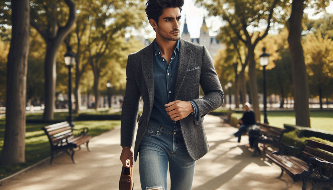 Herenoutfit met spijkerbroek en colbert als smart casual combinatie