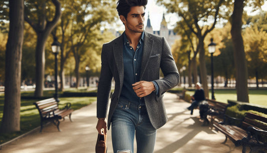 Herenoutfit met spijkerbroek en colbert als smart casual combinatie