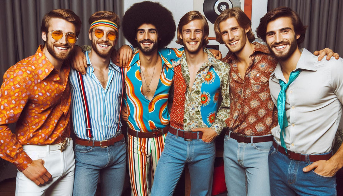 Jaren 70 themafeest herenoutfit met printoverhemd, gilet en pantalon