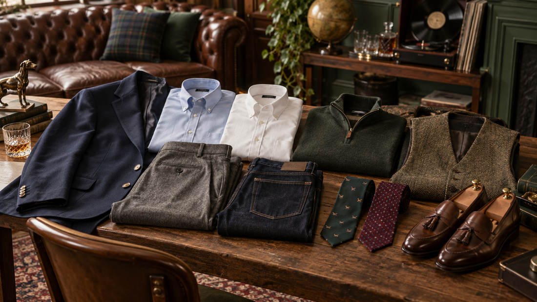 Klassieke basisgarderobe voor heren met colbert, overhemden, pantalon, jeans, knitwear, gilet, stropdassen en leren schoenen