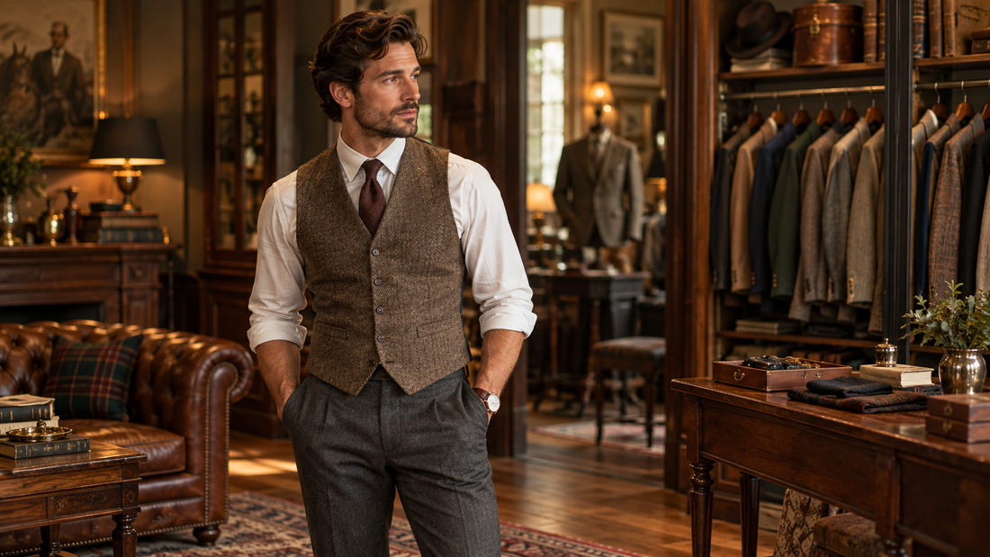 Man draagt een gilet zonder colbert in klassieke EcoGents herenkamerstijl
