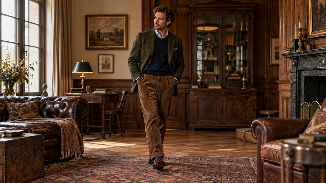 Man in ribbroek en colbert in klassieke herenkamerstijl