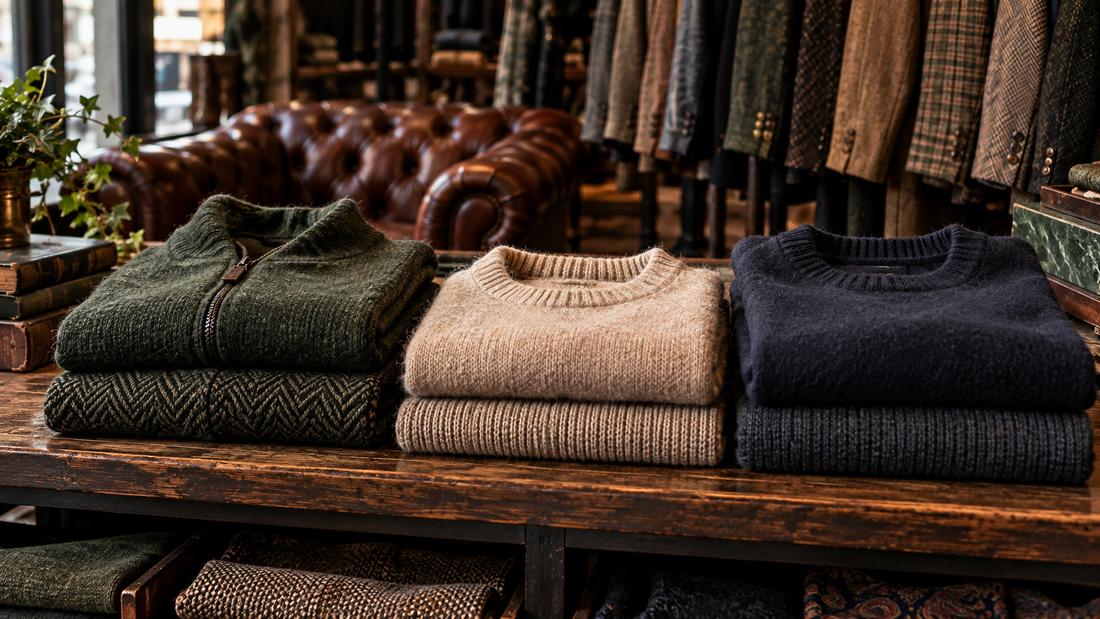 Wollen knitwear in groen, crème en donkerblauw in warme EcoGents herenkamerstijl