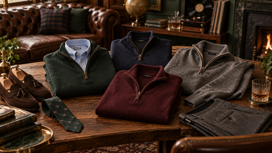 Quarter-zips voor heren in groen, navy, bordeaux en grijs gecombineerd met overhemd, pantalon en loafers