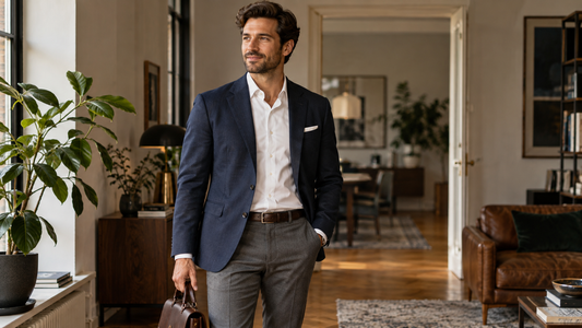 Man in navy colbert, wit overhemd en grijze pantalon voor een sollicitatie