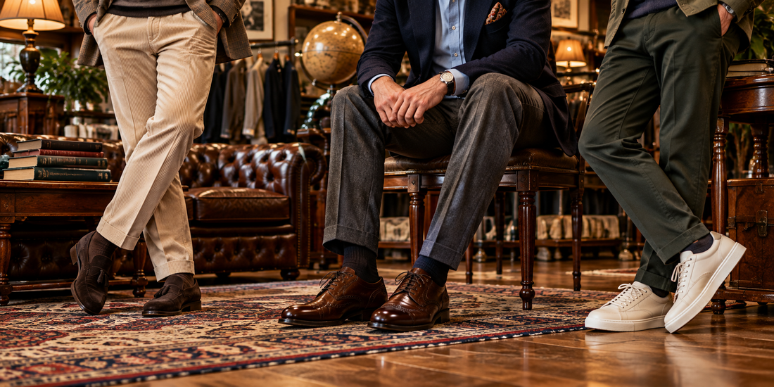 Herenschoenen onder verschillende pantalons in warme klassieke herenkamerstijl