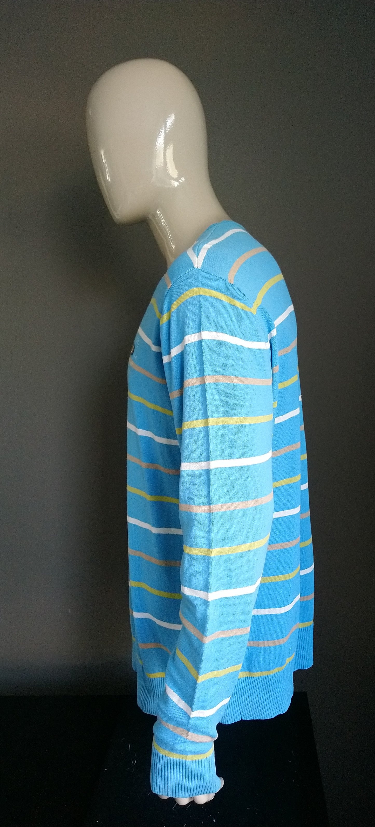 B choice: PMME Pall mall sweater with v-neck. Blue green brown white striped. Size XL. Spots