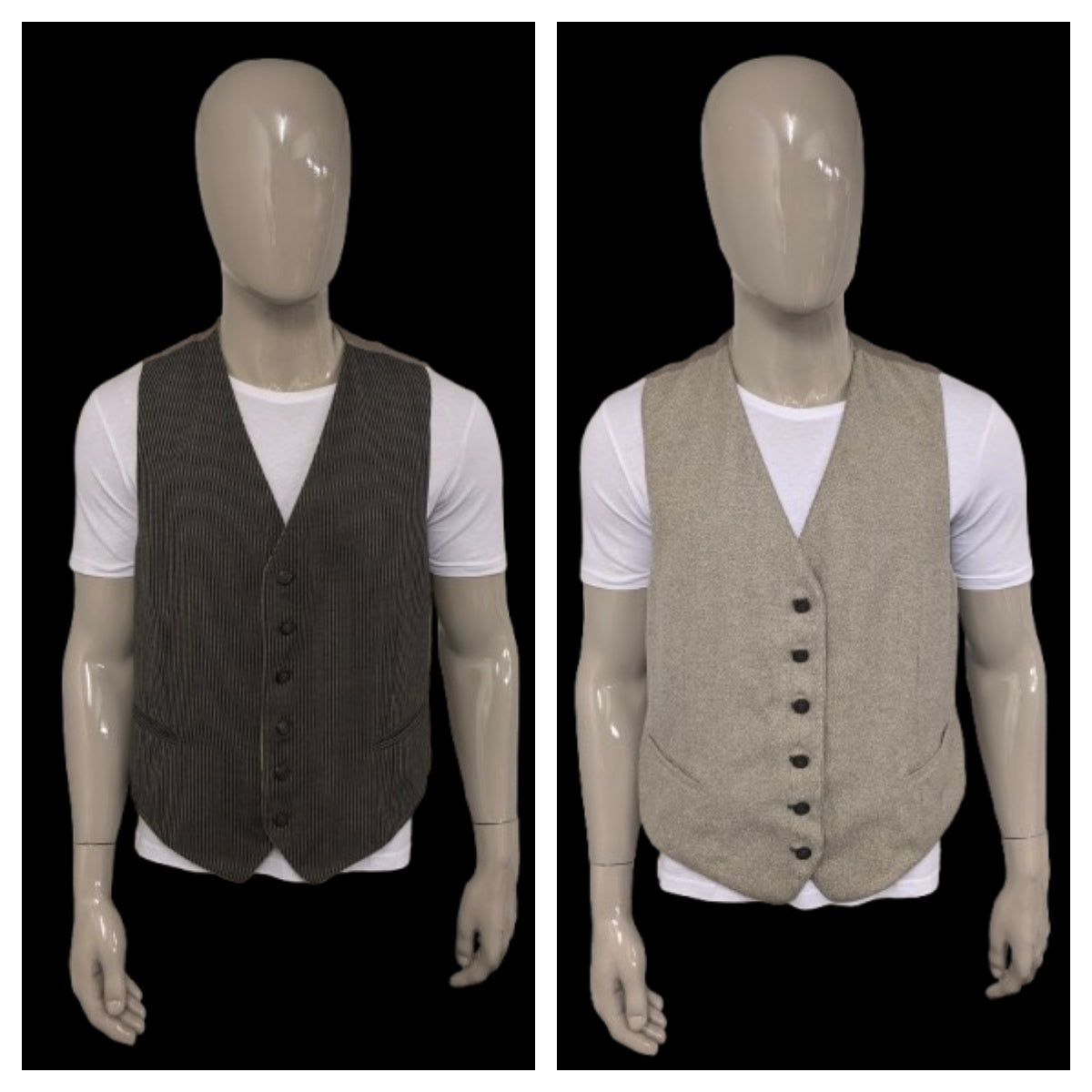 Vintage Dubbelzijdig gilet. Beige Zwart gestreept & Beige Bruin visgraat motief. Maat XL.