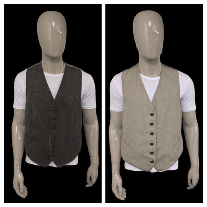 Vintage Dubbelzijdig gilet. Beige Zwart gestreept & Beige Bruin visgraat motief. Maat XL.