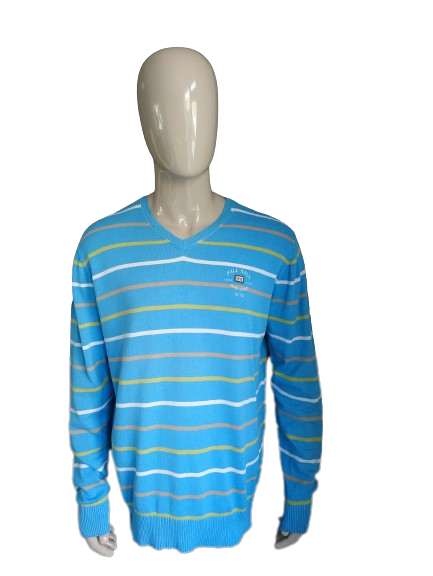 B choice: PMME Pall mall sweater with v-neck. Blue green brown white striped. Size XL. Spots