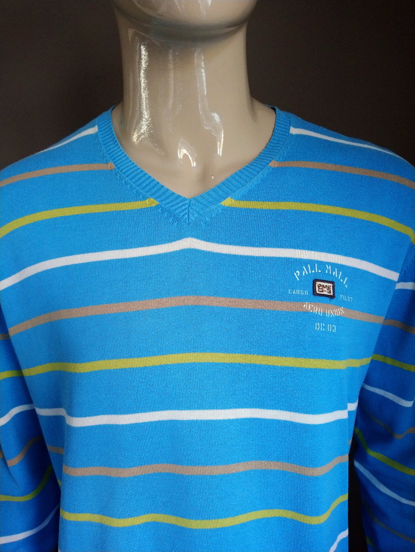 B Auswahl: PMME Pall Mall Sweater mit V-Ausschnitt. Blau grün braun weiß gestreift. Größe xl. Flecken