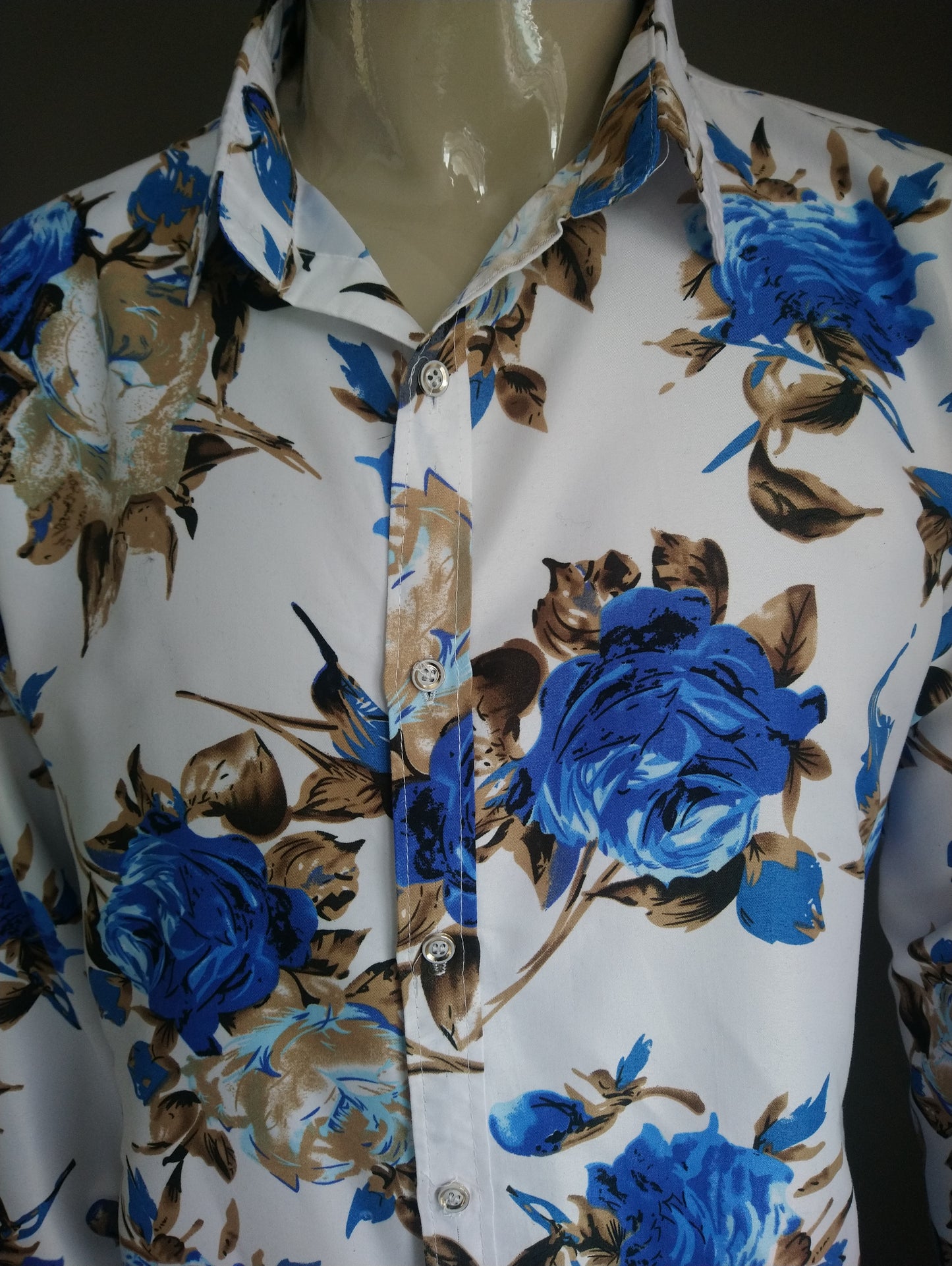Camicia vintage. Floreale marrone blu. Taglia XL.