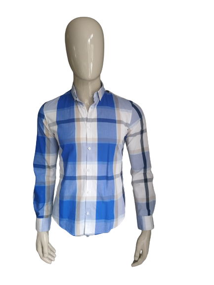 Chemise WE Fashion. Bleu Noir Marron Blanc à carreaux. Taille M.