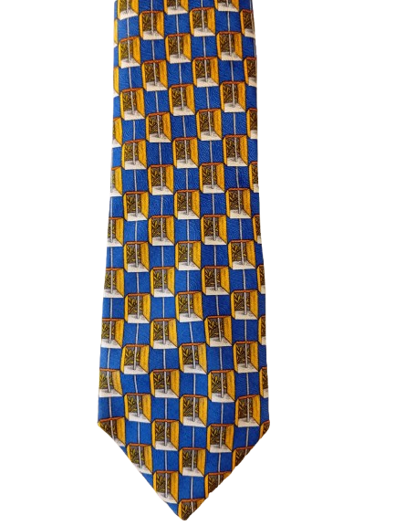 Silk tie – blue with yellow pattern – striking style – Michaelis