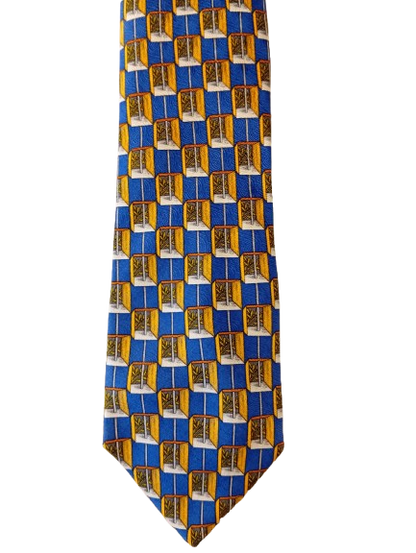 Zijden stropdas – blauw met geel patroon – opvallende stijl – Michaelis
