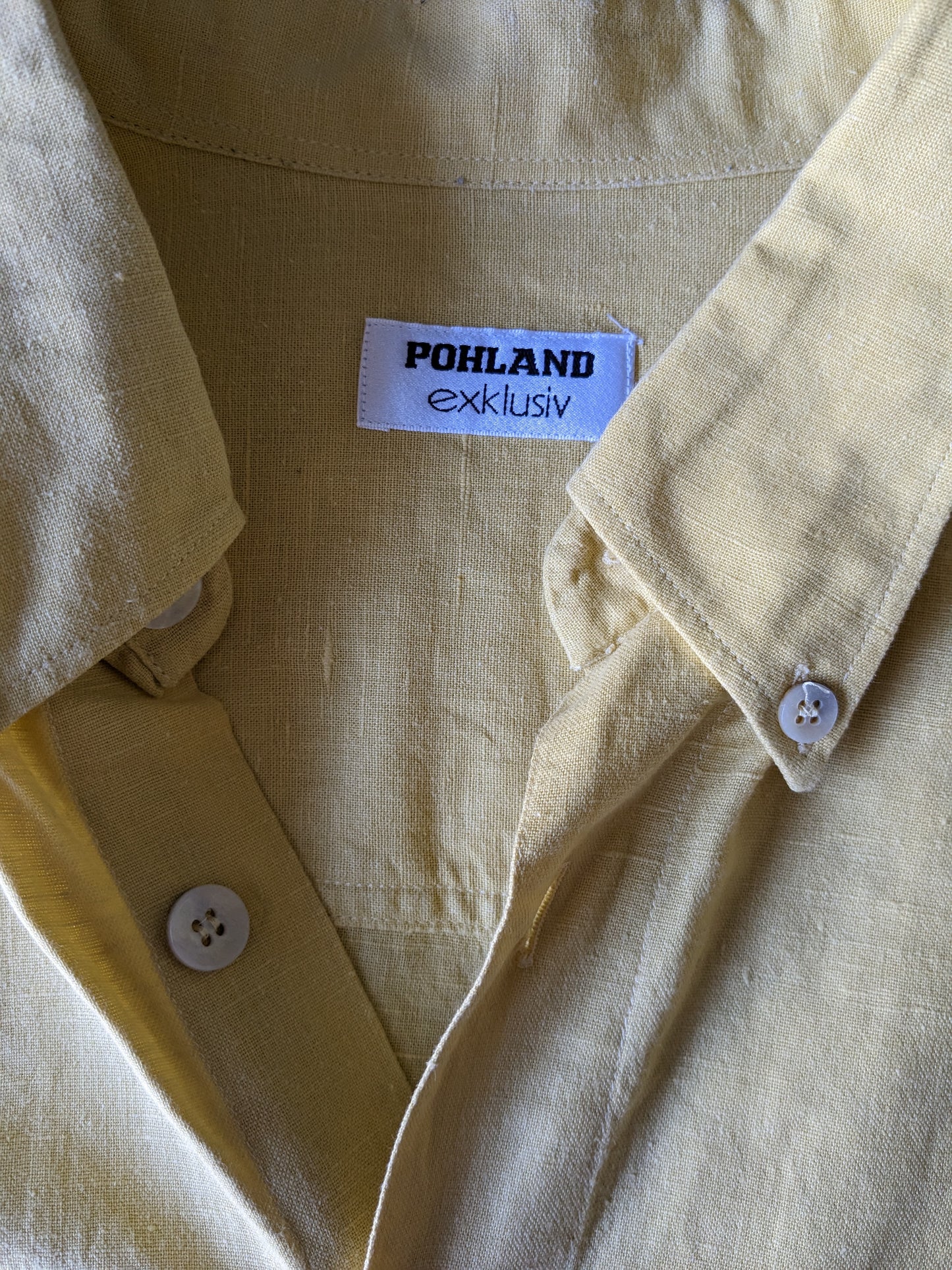 Vintage Pohland Exklusiv Linnen overhemd met groter knopen. Geel gekleurd. Maat 2XL / XXL.