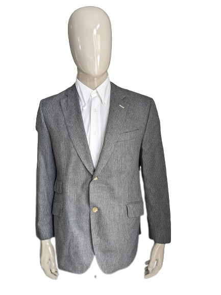 Woll-/Kaschmirjacke. Grau gestreiftes Motiv. Größe 26 (52/L).