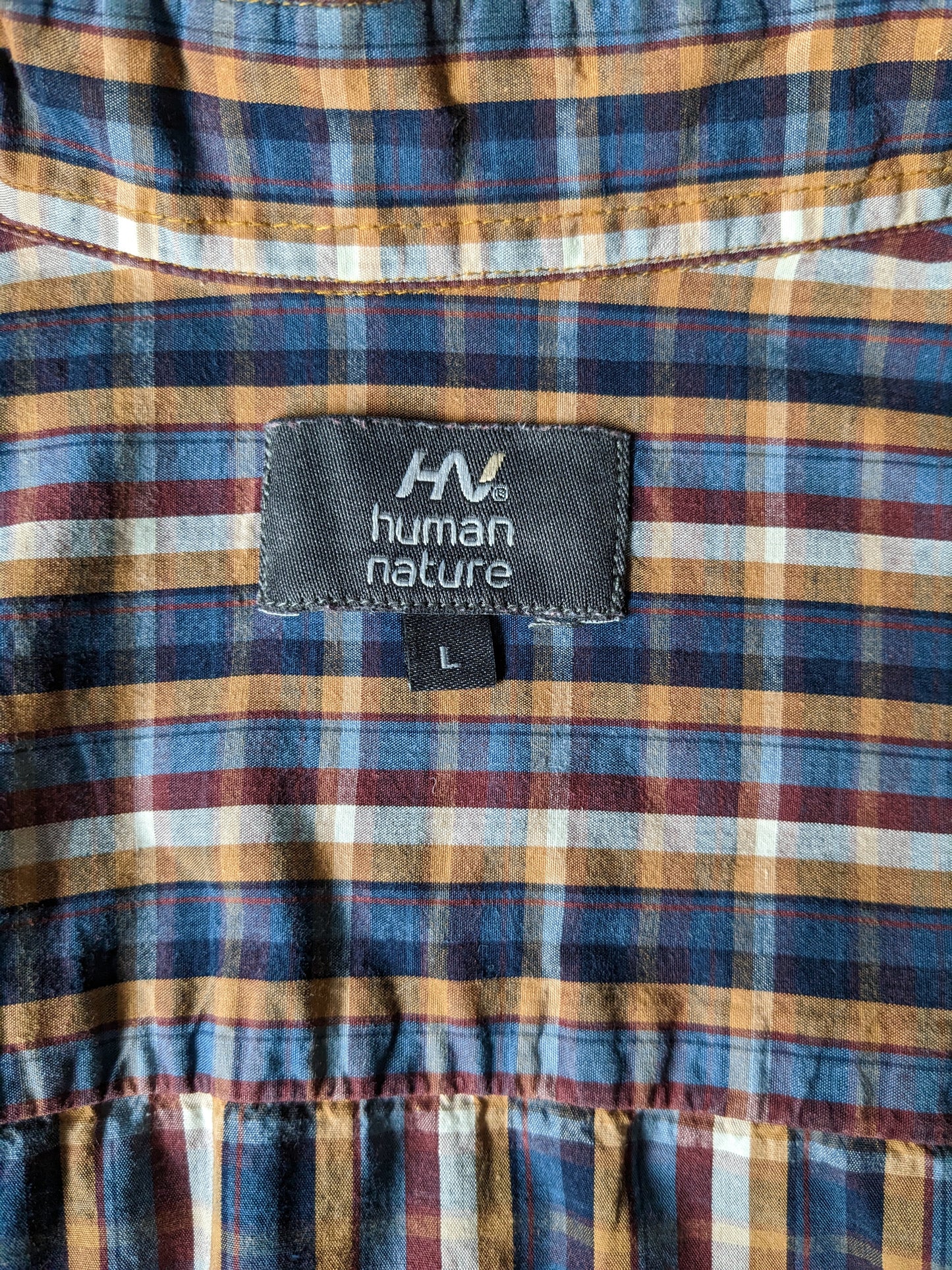 Human Nature shirt. Brown red blue checked. Size L.