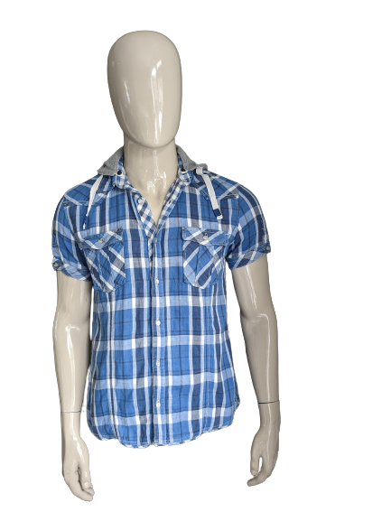 Soho short sleeve shirt with hood. Blue Black White checked. Size M.