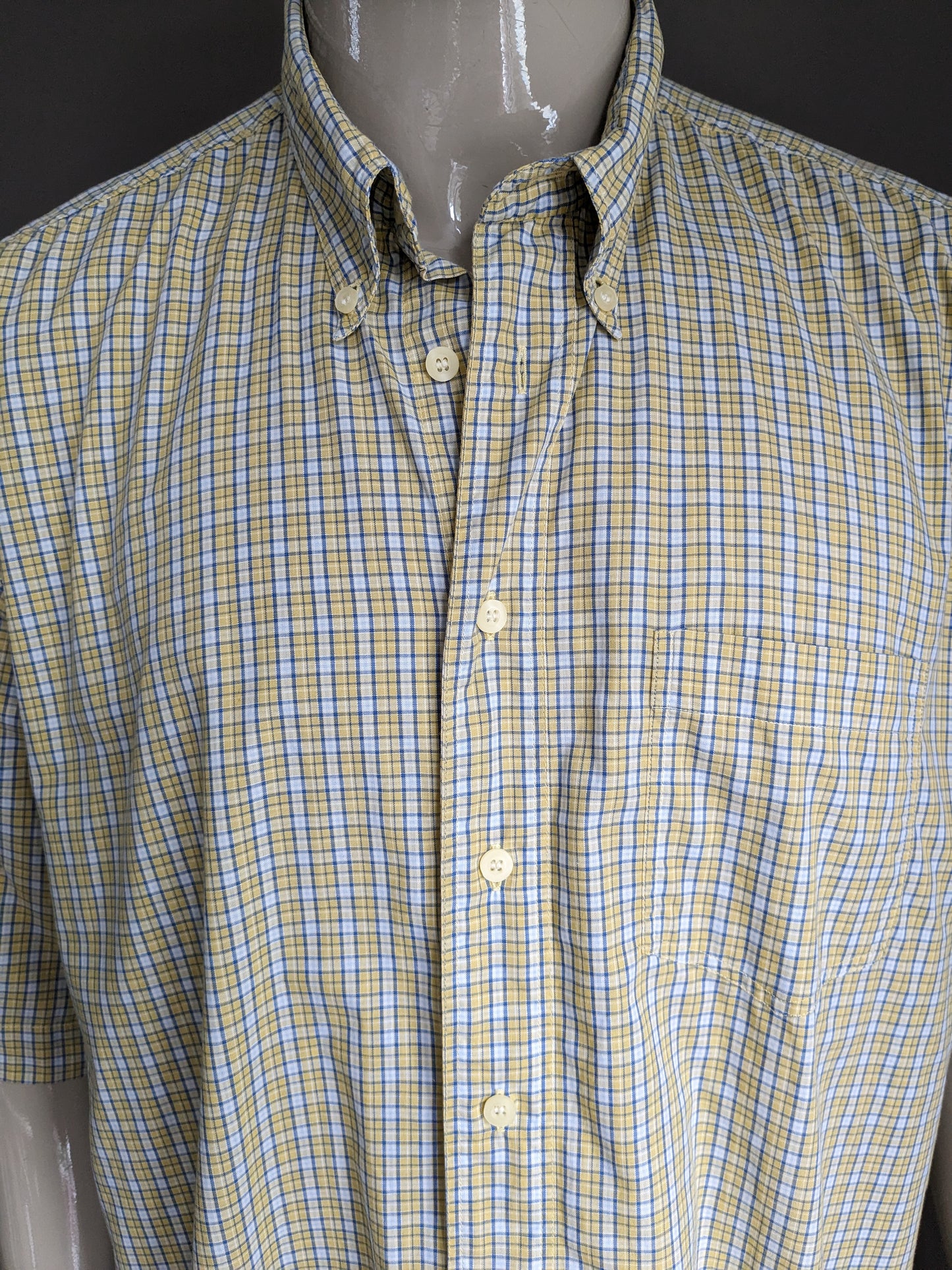 Burton Menswear Shirt Short Sleeve. Vérification du blanc bleu jaune. Taille xxl / 2xl.
