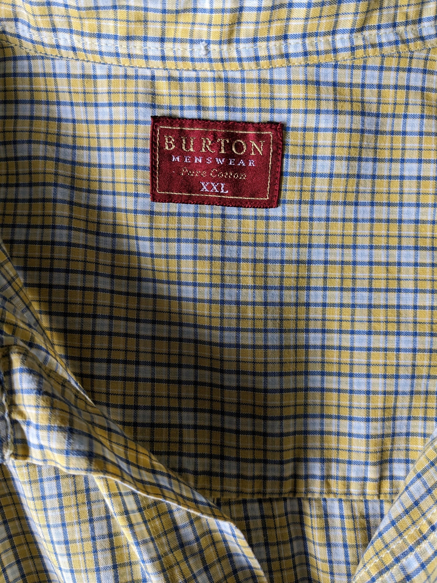 Camisa de ropa masculina Burton manga corta. Amarillo azul blanco a cuadros. Tamaño XXL / 2XL.