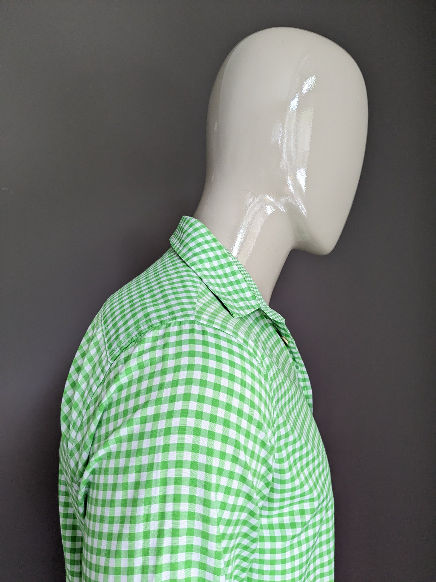 Trachtengaudi by Gino Ginero overhemd. Groen Wit geblokt. Maat S. Slim Fit.