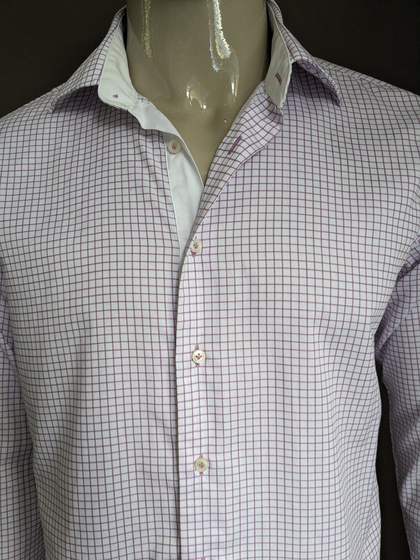 Profuomo shirt. White purple blocked. Size 42 / L. Slim Fit