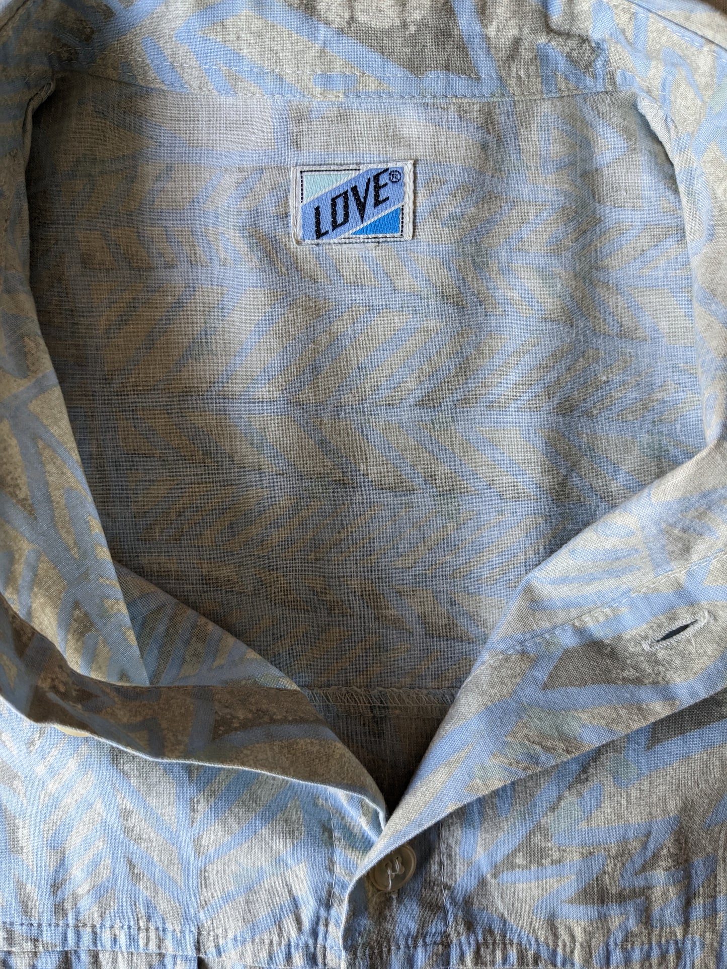 Vintage Love overhemd korte mouw. Blauw Groene print. Maat L.