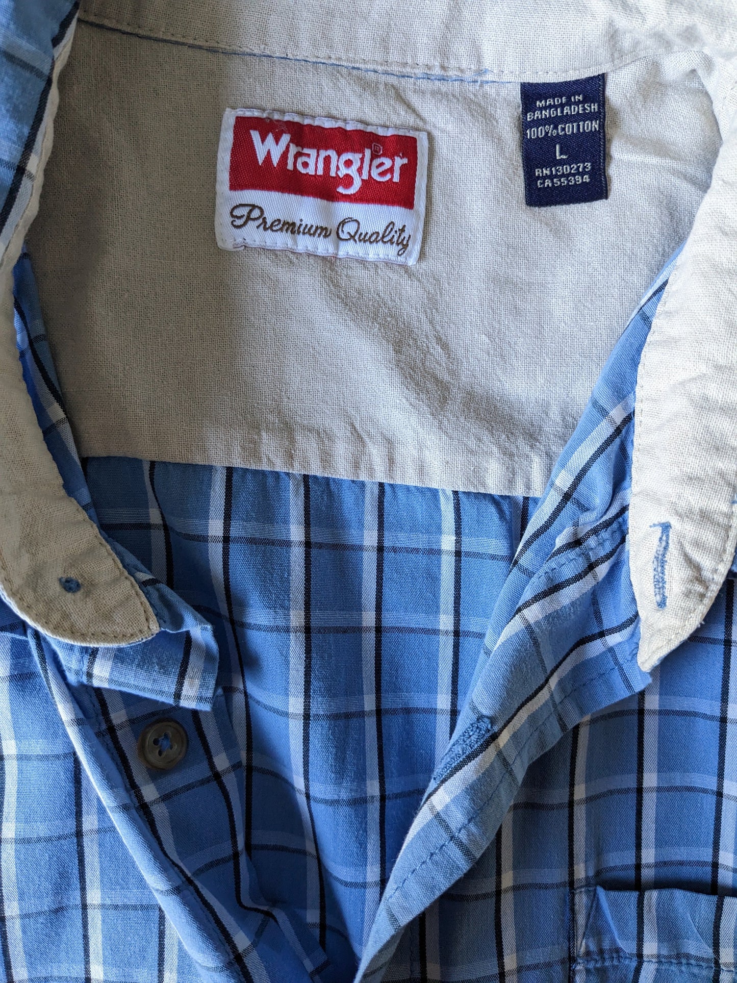 Wrangler overhemd korte mouw. Blauw Wit Zwart geruit. Maat L / XL.