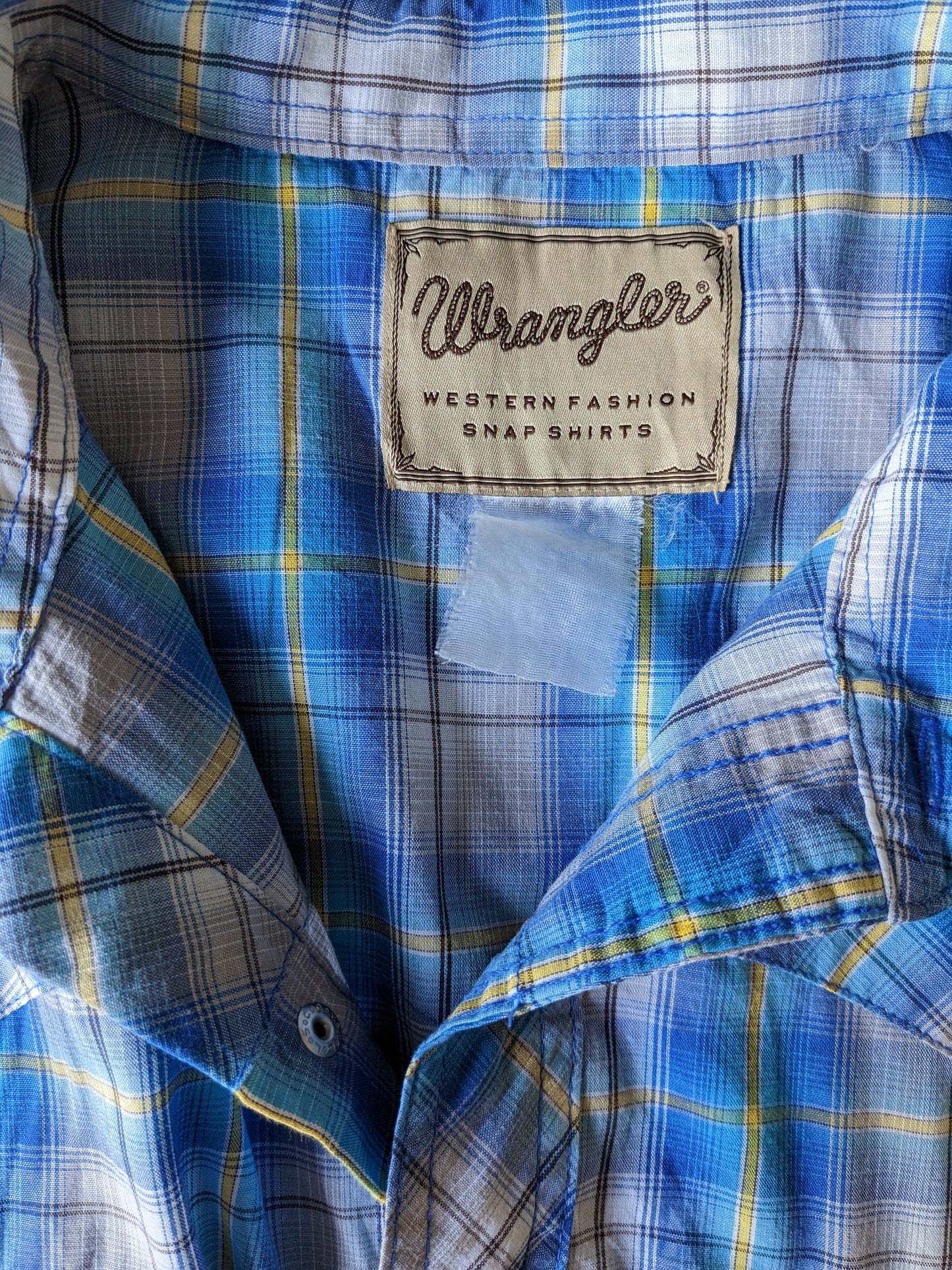Wrangler Western overhemd korte mouw met drukknopen. Blauw Geel Wit geruit. Maat XXL / 2XL.