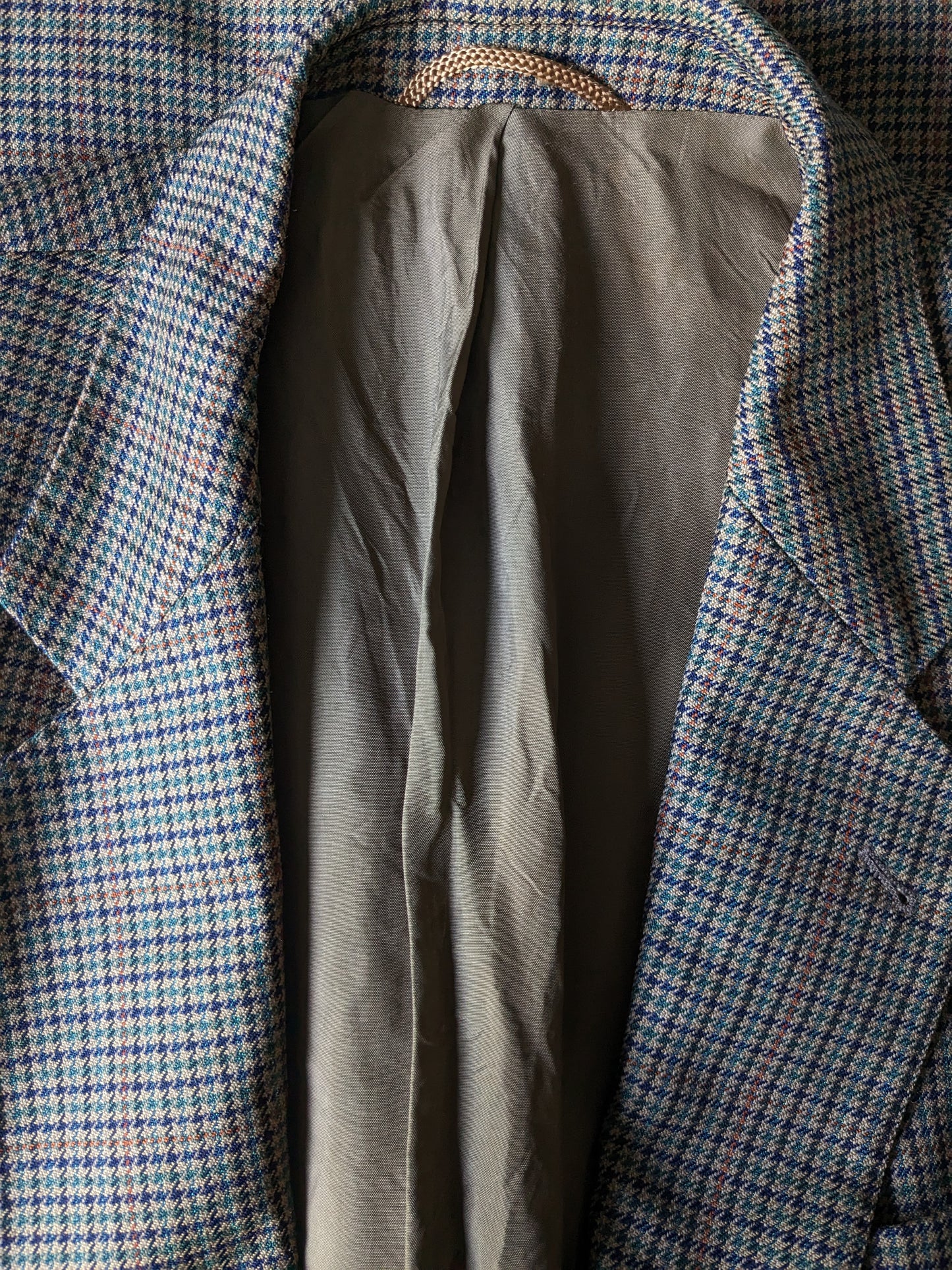 John G Hardy woolen jacket. Brown motif with blue green orange stripe. Size 52 / L.