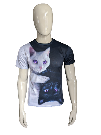 Kitten print shirt. Zwart Wit gekleurd. Maat M.