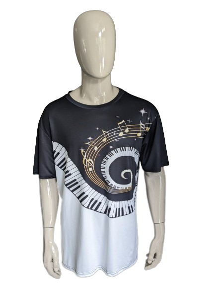 Piano Music Print Shirt. Black white colored. Size XXL / 2XL. stretch.