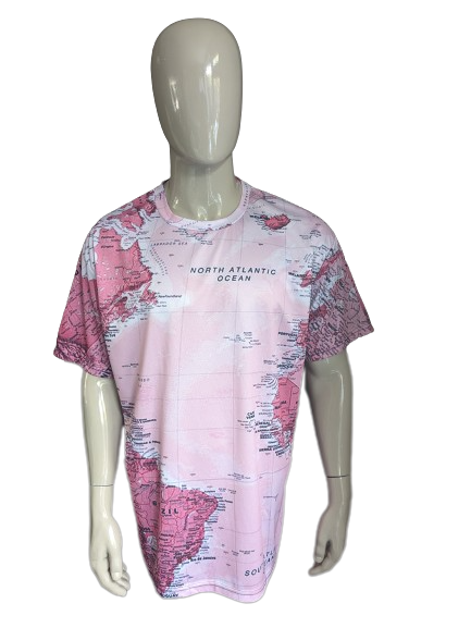 World map print shirt. Pink black and white colored. Size 2XL / 3XL. stretch.