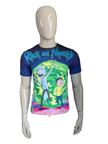 Rick y Morty Shirt. Impresión verde azul. Tamaño M. estiramiento.