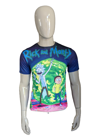 Chemise Rick et Morty. Imprimé bleu vert. Taille M. extensible.