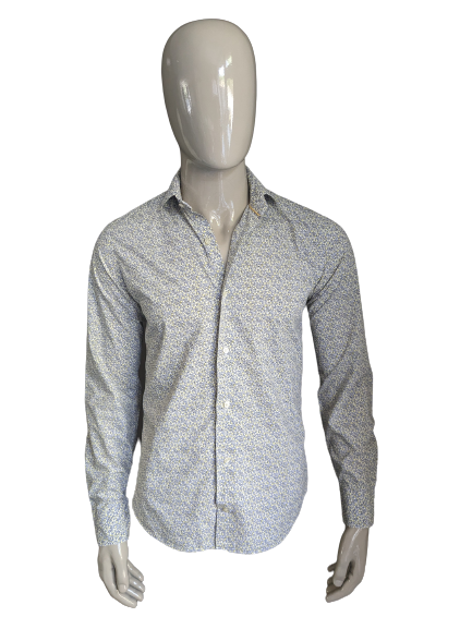 Chemise McGregor Distinction. Imprimé moderne jaune gris bleu. Taille 38/S. Coupe Ajustée.