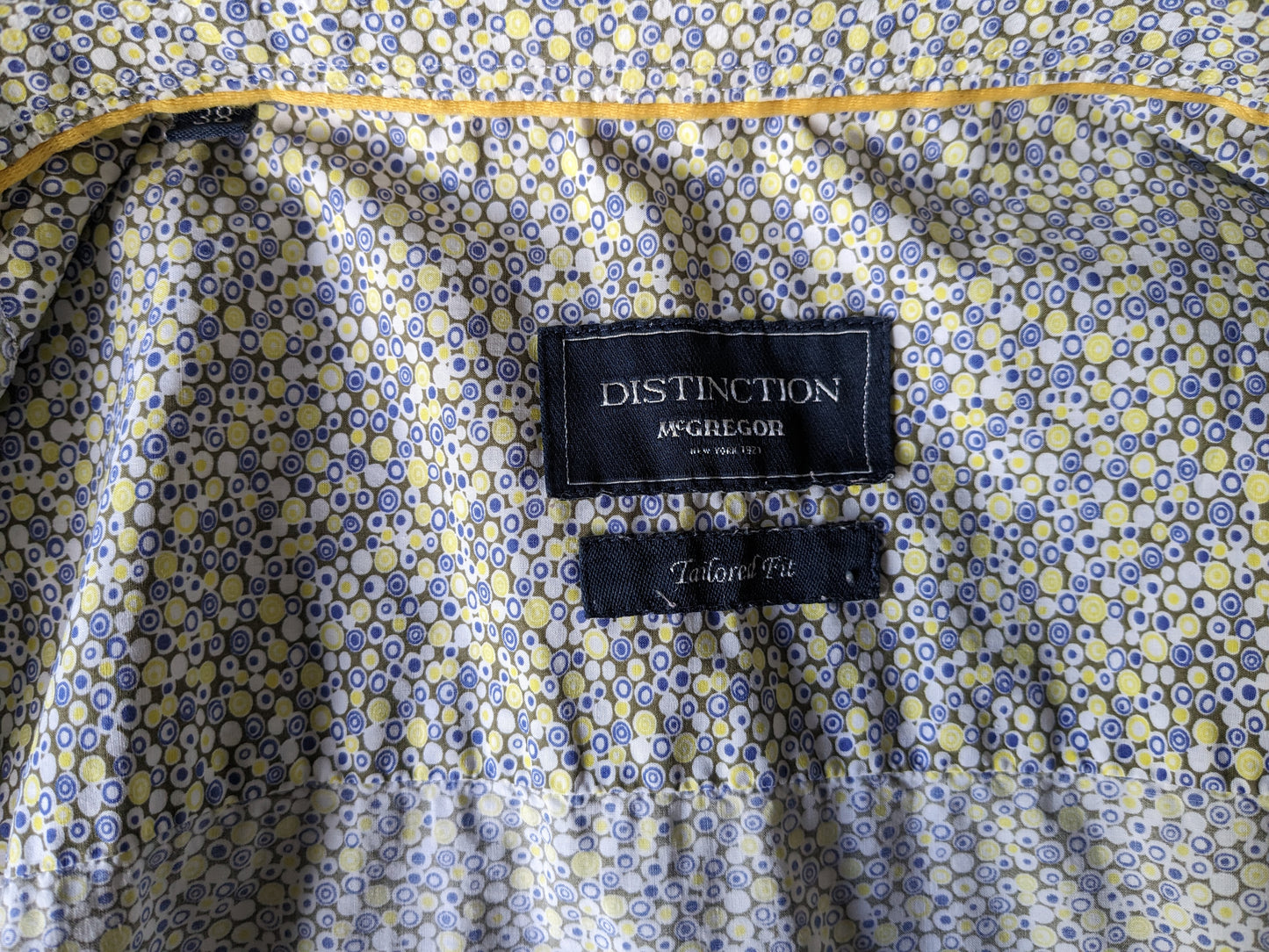 McGregor Distinction overhemd. Geel Grijs Blauwe moderne print. Maat 38 / S. Tailored Fit.
