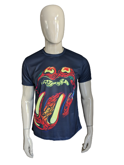 Rolling Stones -Hemd. Schwarz mit farbenfrohen Druck. Größe M.