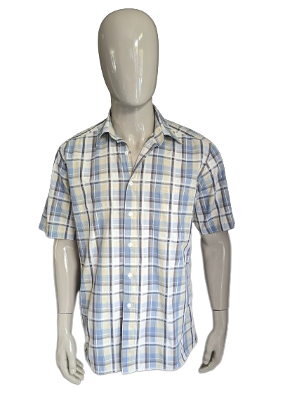 Quadrus Kurzarmhemd. Gelb, Braun, Blau kariert. Größe L/XL.