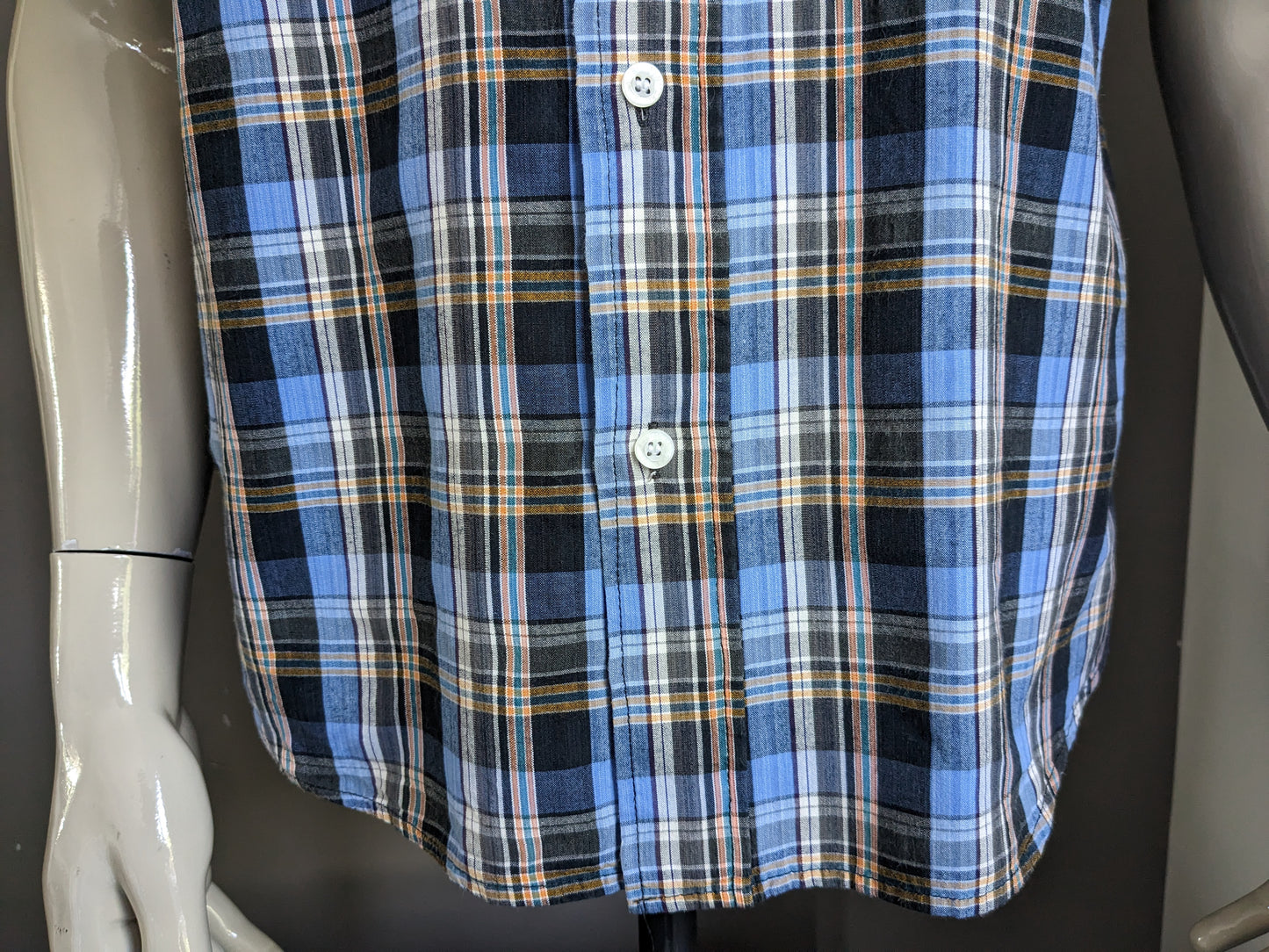 Manche courte de chemise kenmore vintage. Blue Orange vérifié. Taille M / L.