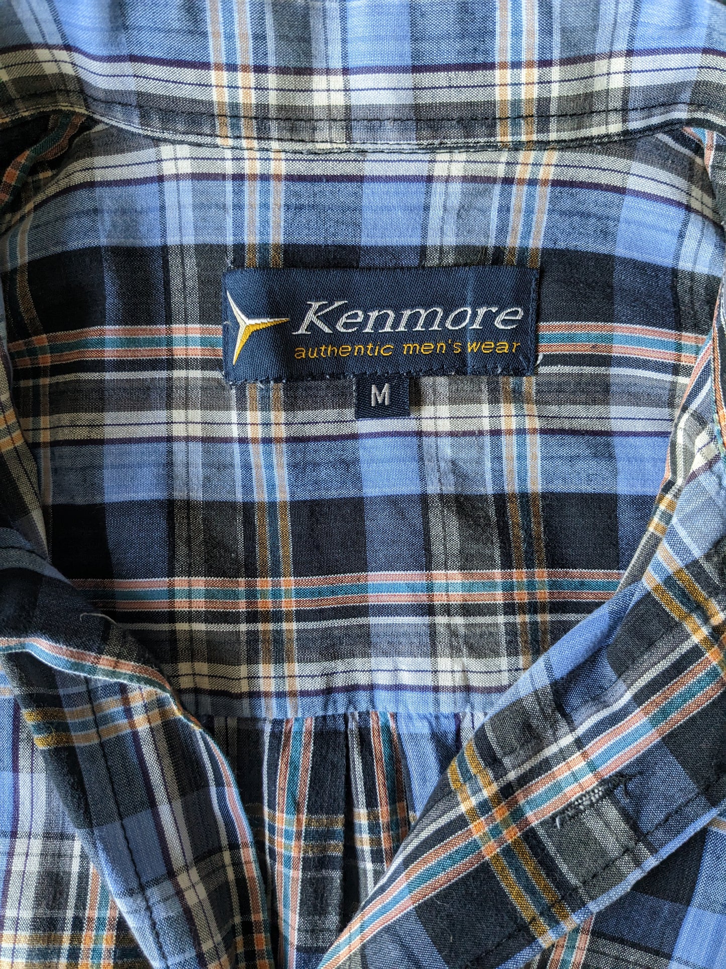 Vintage Kenmore overhemd korte mouw. Blauw Oranje geruit. Maat M / L.