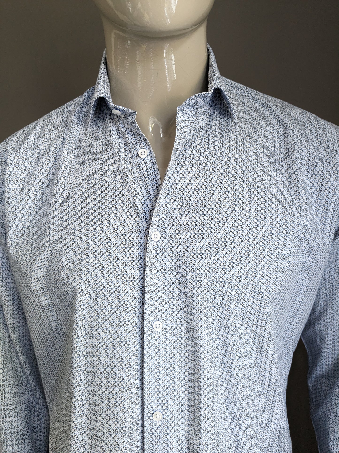 Max Goodman overhemd. Blauw Bruin Witte print. Maat L.