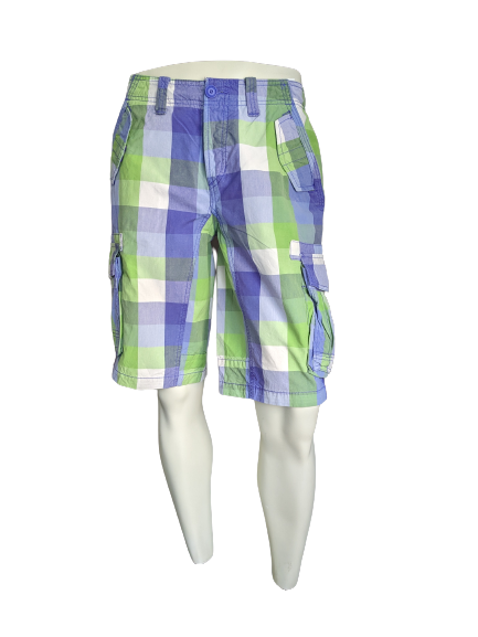 R. Filk Shorts di denim con borse. Bloccato bianco verde viola. Taglia M.