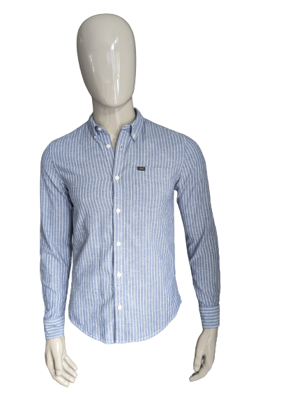 LEE linnen overhemd. Blauw Wit gestreept. Maat S. Regular Fit. 88% Katoen & 12% Linnen.
