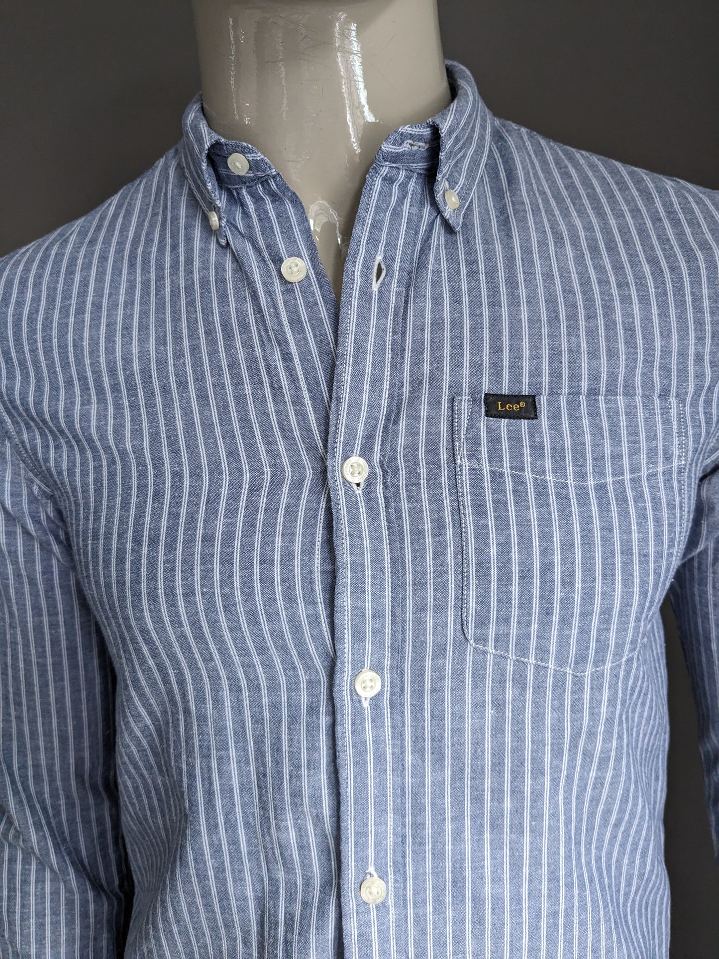 LEE linnen overhemd. Blauw Wit gestreept. Maat S. Regular Fit. 88% Katoen & 12% Linnen.