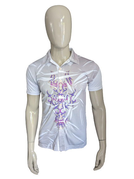 Party cool cat shirt short sleeve. White purple gray print. Size S. Stretch.