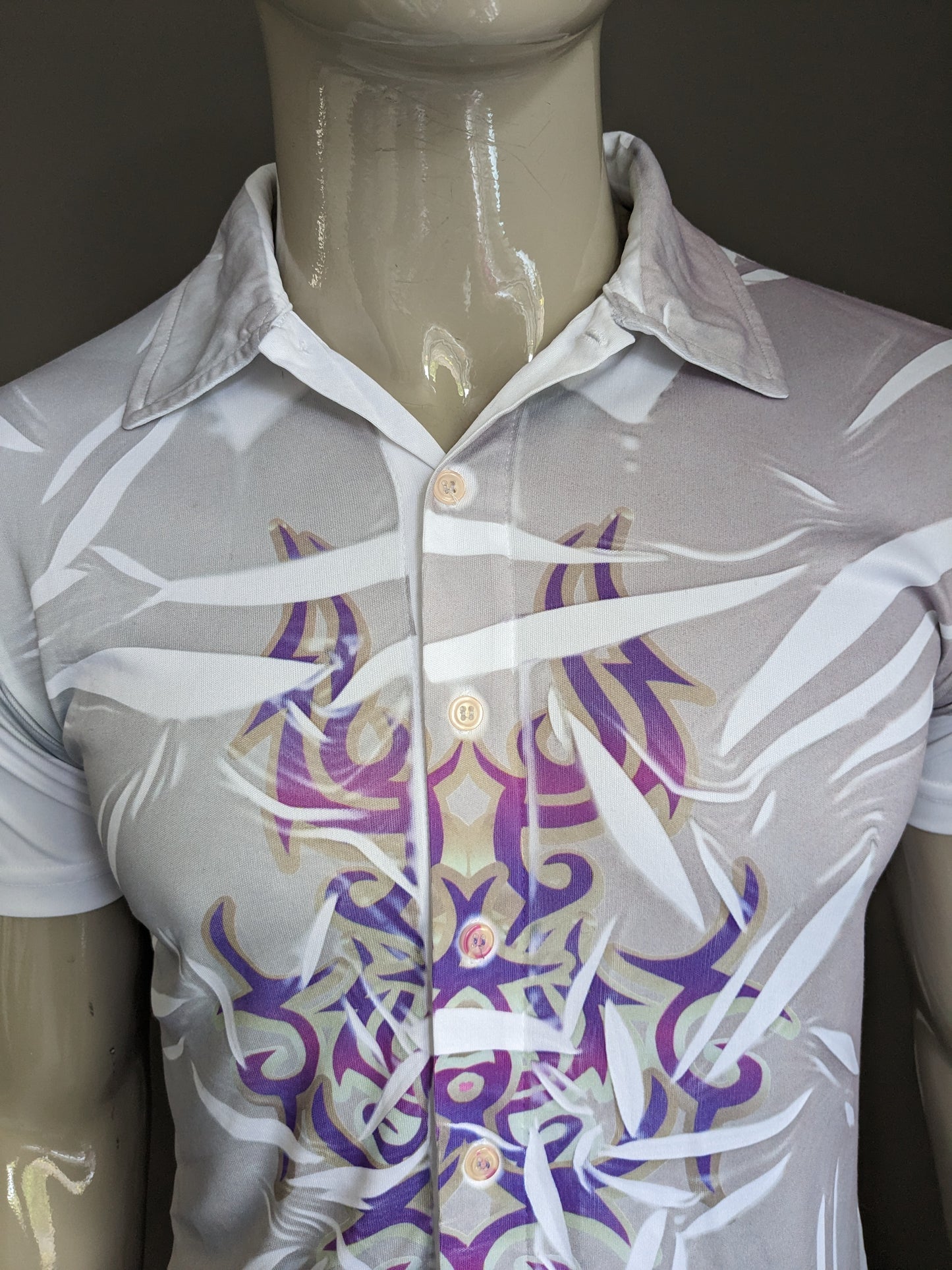 Fête Cool Cat Shirt Short Sleeve. Impression gris violet blanc. Taille S. Stretch.
