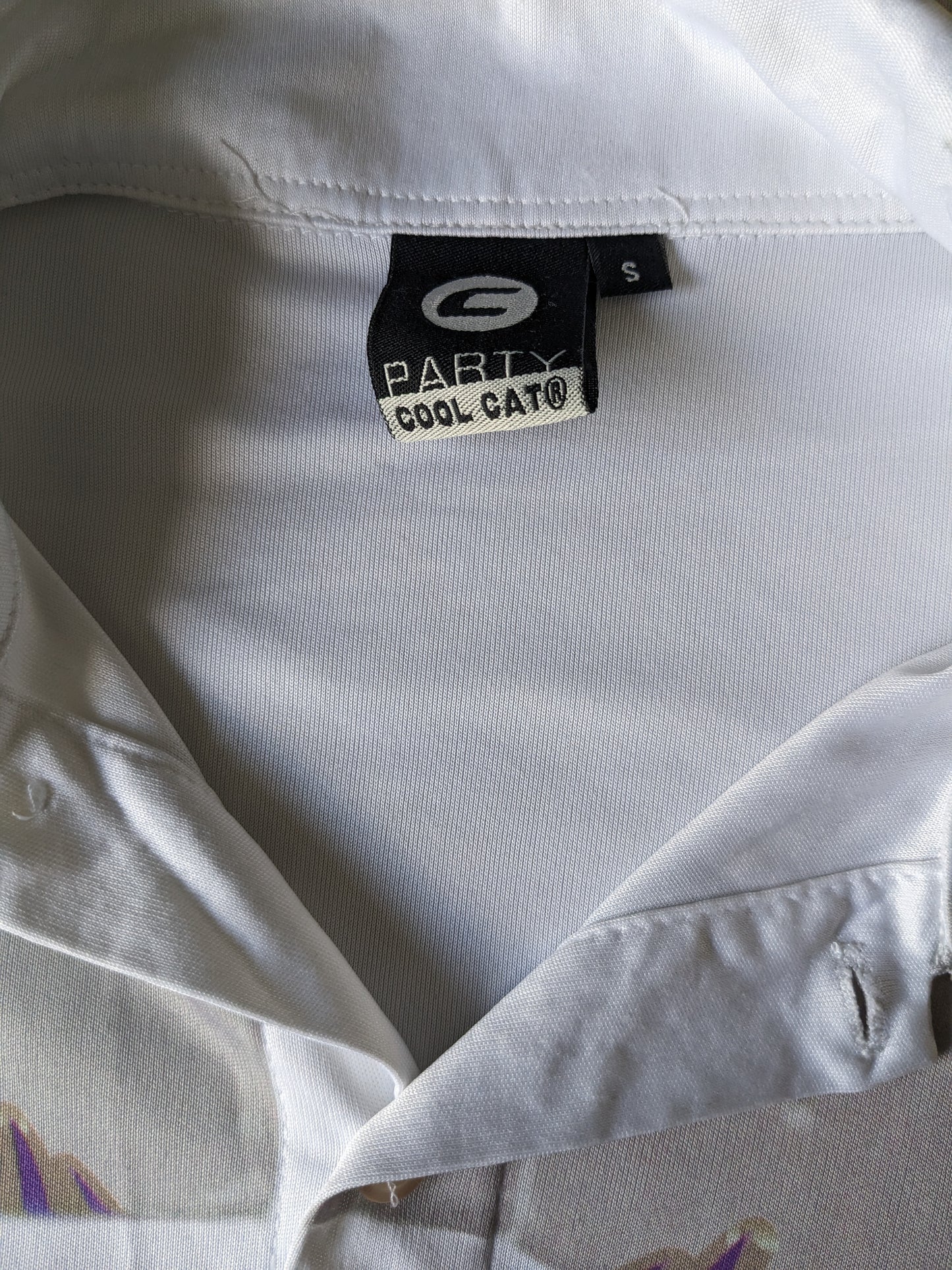 Fête Cool Cat Shirt Short Sleeve. Impression gris violet blanc. Taille S. Stretch.